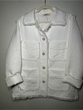 LaBiZ White Tweed Textured Button Front Jacket Fringe Trim Size Small